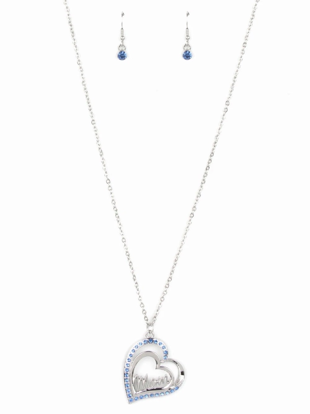 Silver 'Mom' Heart Necklace with Light Blue Rhinestones